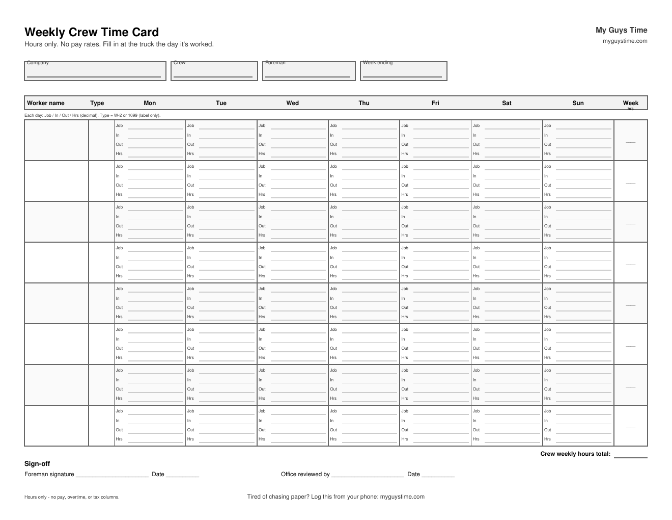 construction timesheet template – weekly crew time card